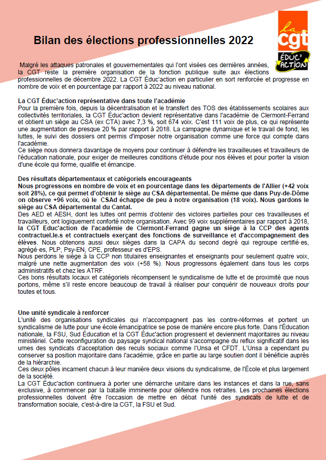 Compte-rendu de la CGT Educ’action du CAEN de l’éducation nationale de l’académie de Clermont-Ferrand