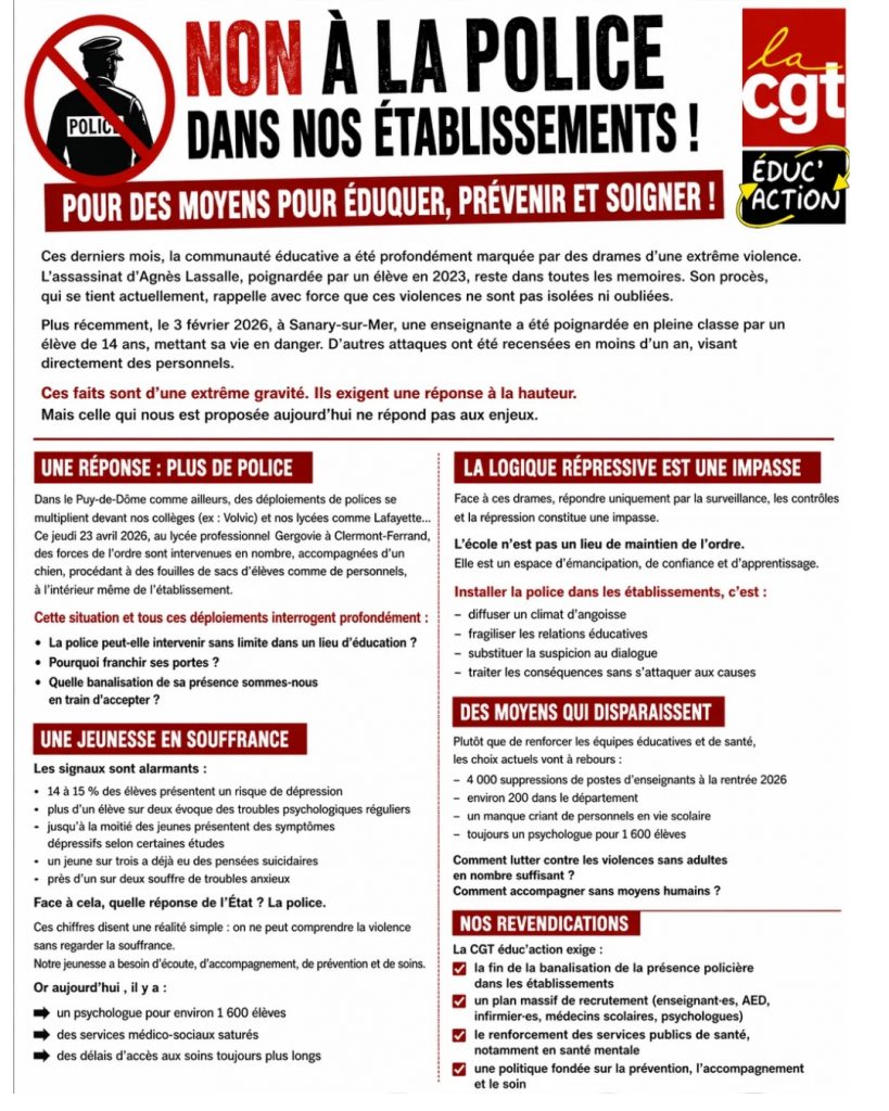 Non à la police dans nos établissements ! Pour des moyens pour éduquer, prévenir et soigner !