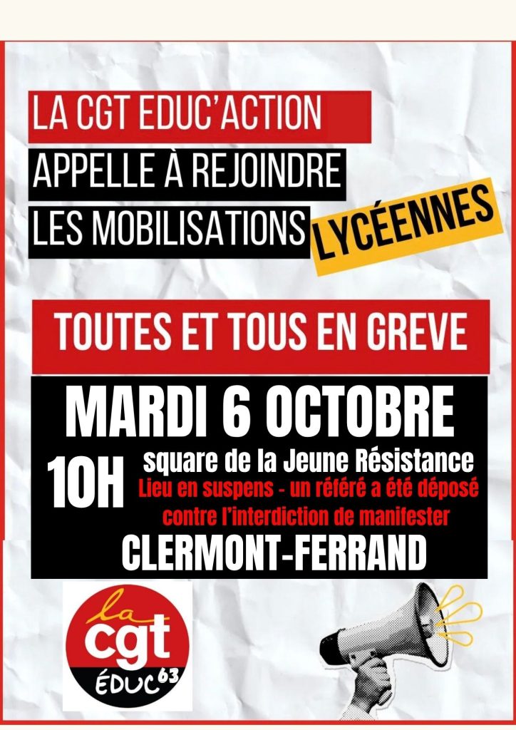 6 octobre : en grève avec les lycéen.nes – fermeture des lycées – interdiction de manifester – continuité pédagogique